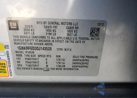 2013 Chevrolet Traverse Ls из США, поврежденный, VIN 1GNKRFED3DJ143528